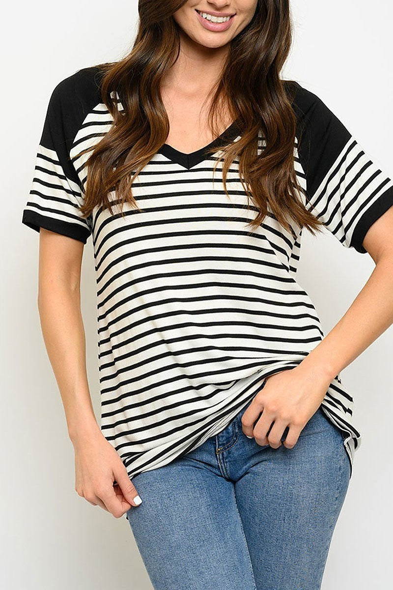 Short sleeve v neck stripes top (EDWT4206)