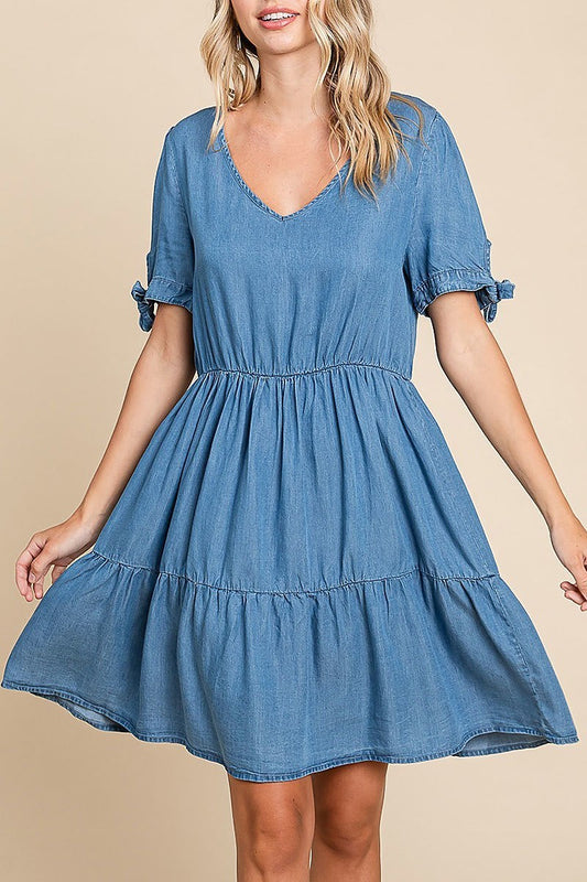 Lyocell chambray v-neck tiered mini dress (EDH1630)