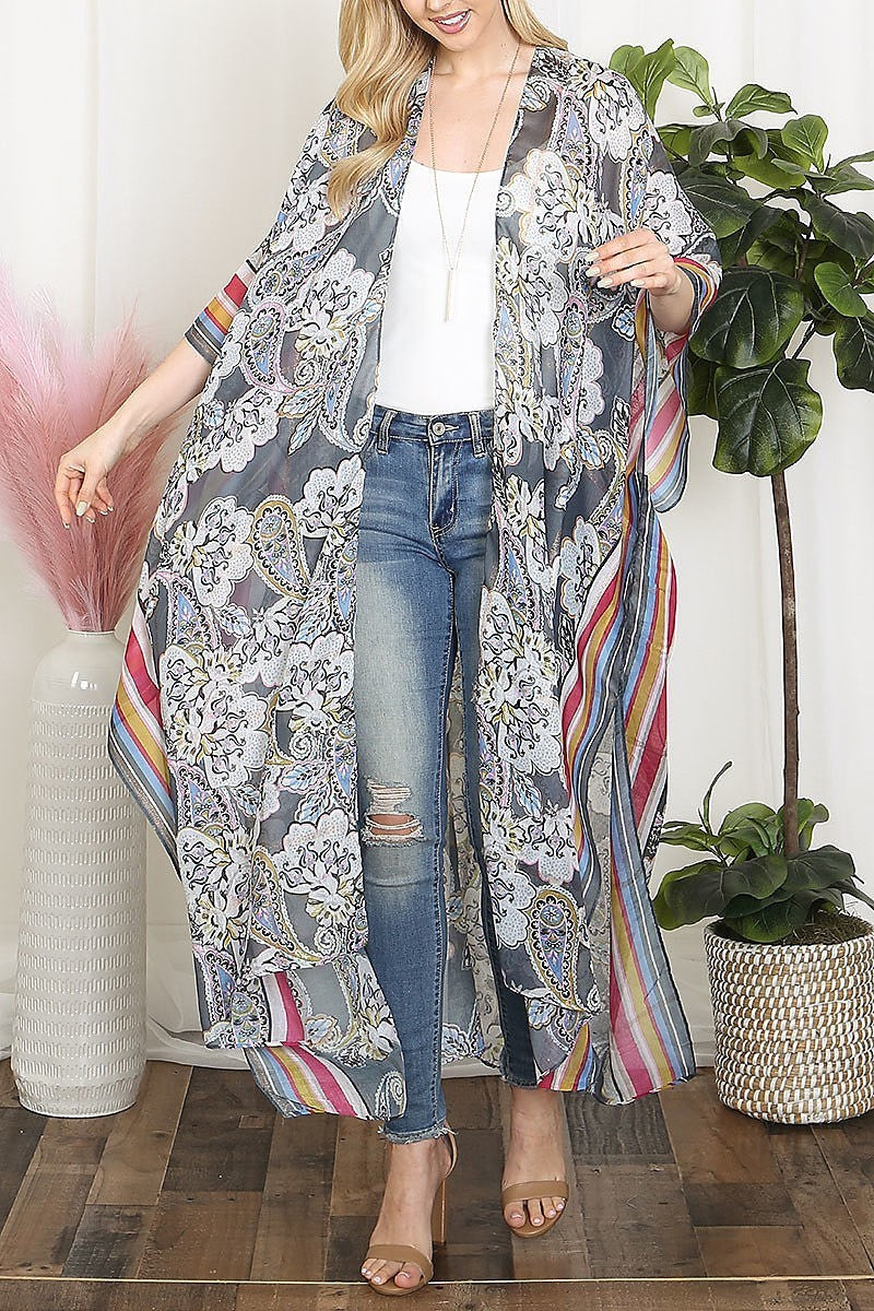 Paisley print with border line boho long kimono (EF5583)