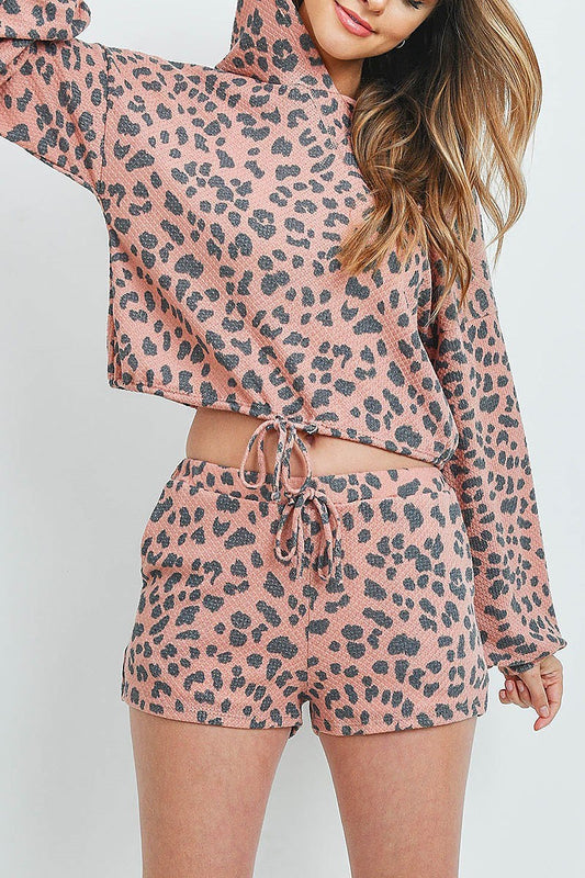 Waist tie bubble sleeve animal print top and short set (ED8747)