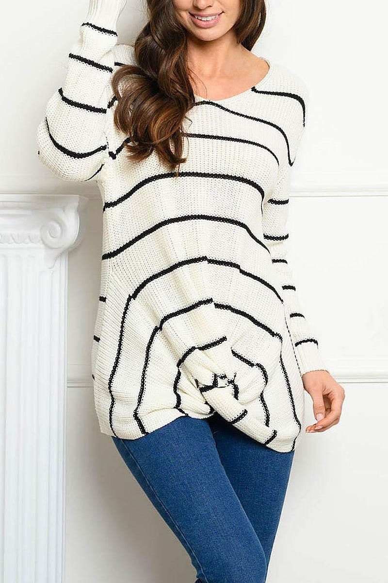 Long sleeve v neck striped sweater (EDWT4049)