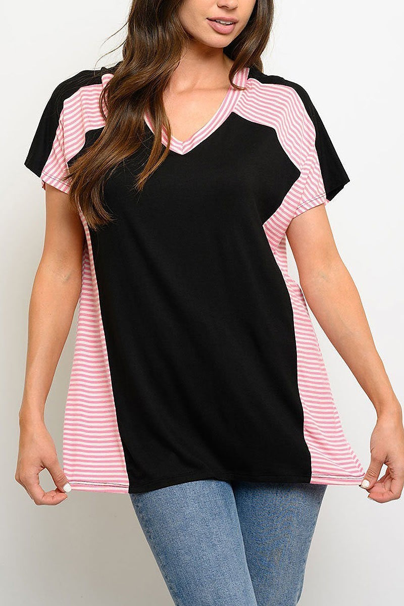 Stripe contrast short sleeve color block top (EDWT4095)