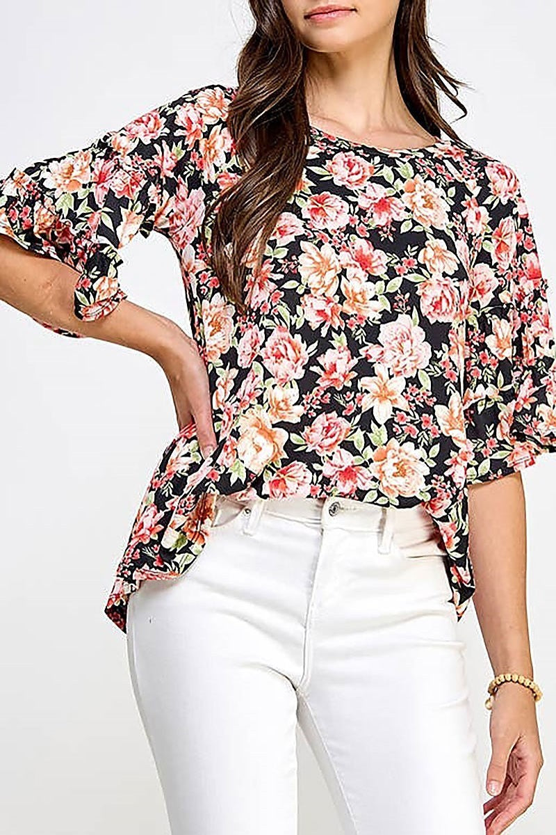 Tiered bell sleeve floral knit top (EF73340)