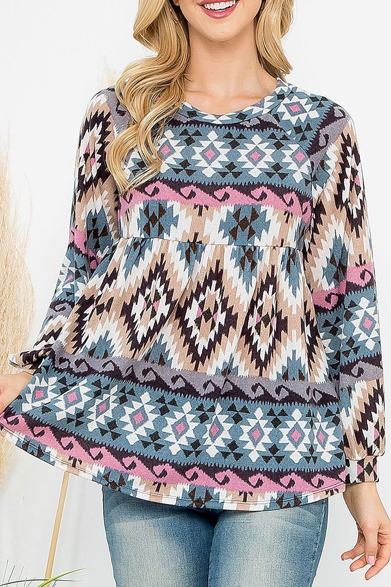 Long puff sleeve aztec printed seed fabric top (EF6827)