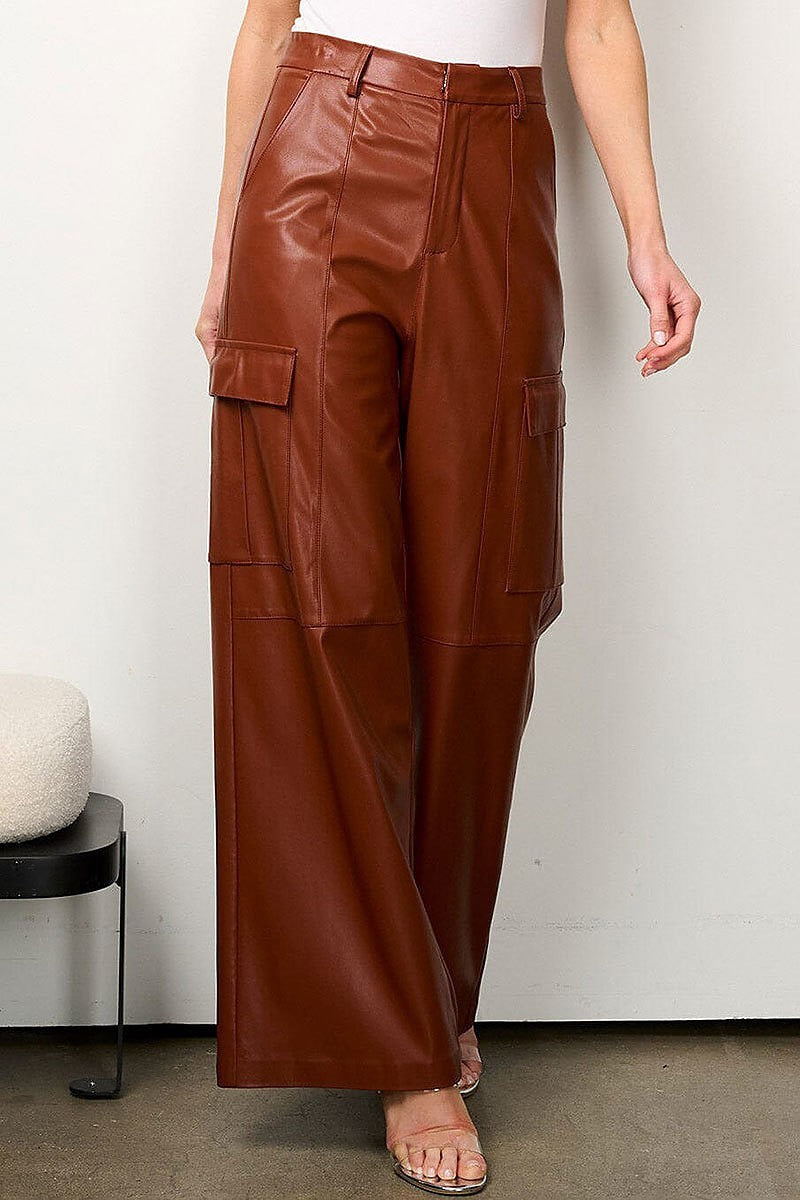 Button closure pu pleather wide leg pants (EFWT6944)