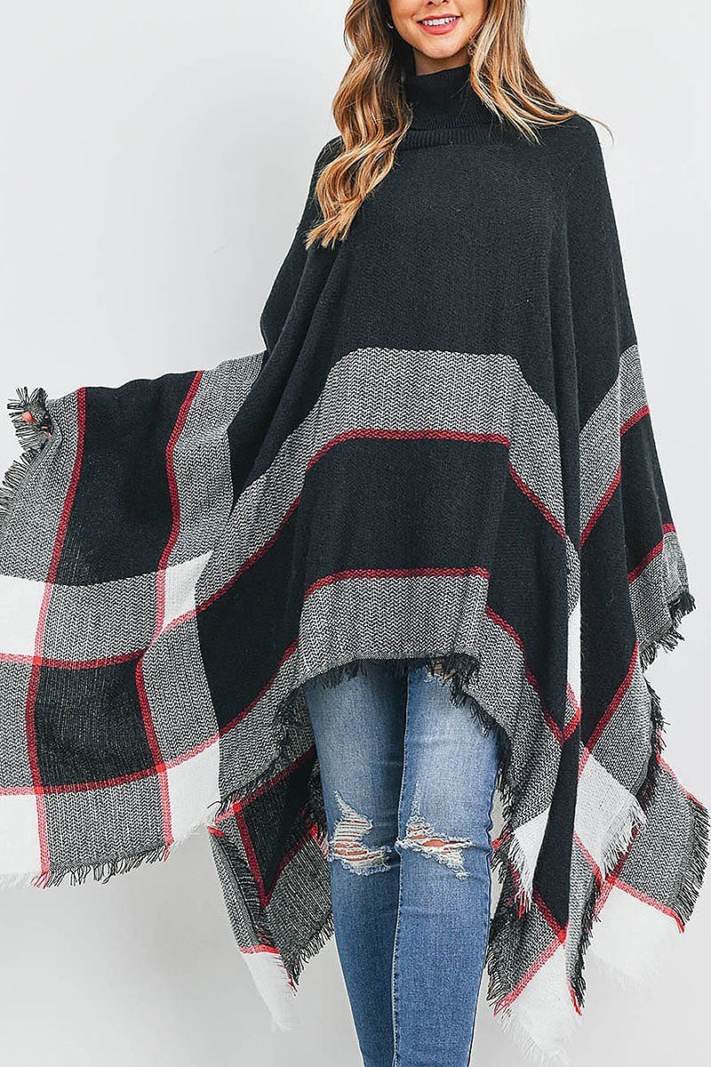 Long plaid turtle kneck poncho (DGS5478)