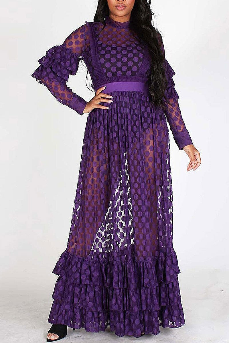 Long sleeves all over lace ruffle maxi dress (EFWT4323)