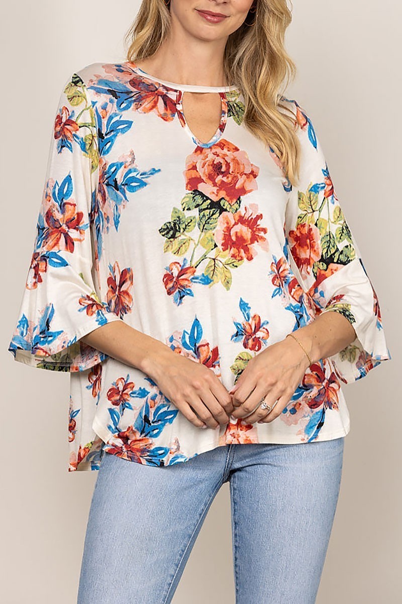 Round keyhole floral print bell 3/4 sleeves top (EDSW4285)