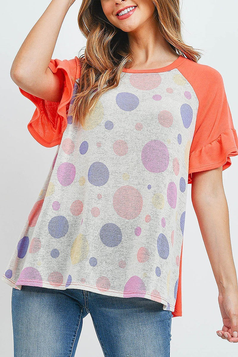 Ruffle raglan sleeves multi color polka dot top (ED9645)