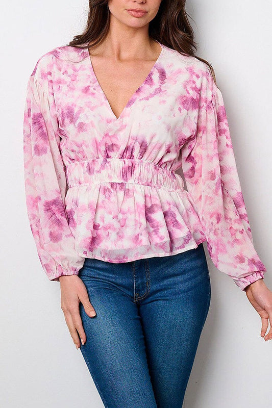 Long sleeve v-neck peplum tie dye blouse top (EFWT9124)