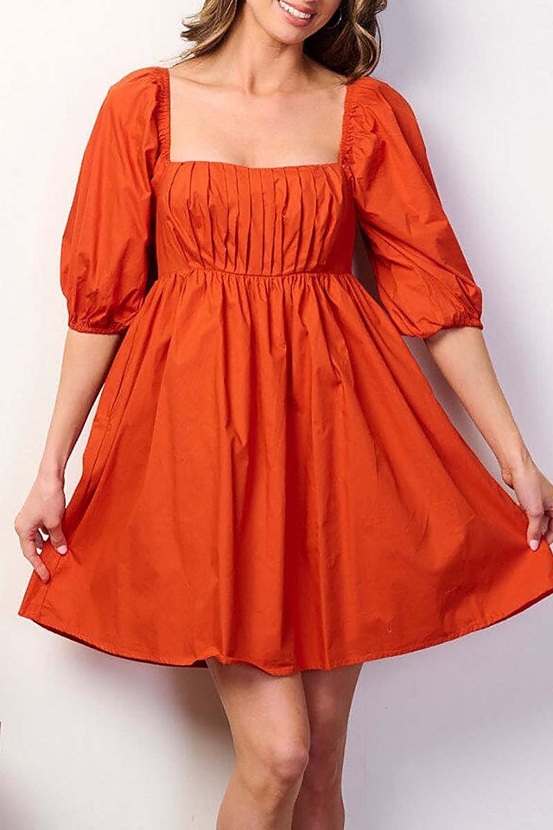 Puff sleeve square neck fit & flare mini dress (EFWT8817)