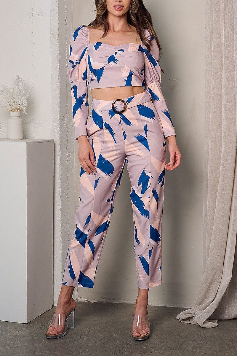 Long sleeve crop top & pants multi print set (EFWT2904)