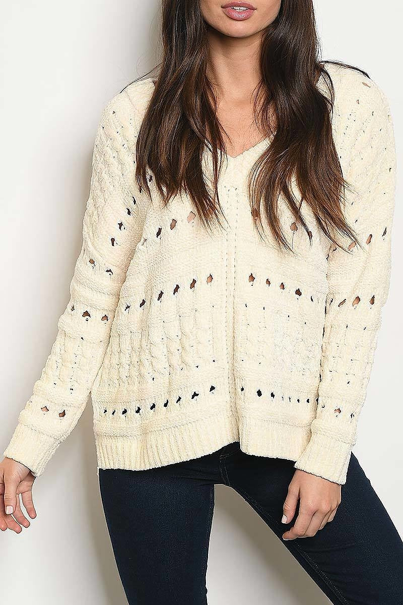 Open detail v neck chenille sweater (DGS4226-1)