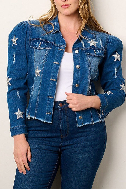 Puff sleeve stars embroidery distress denim jacket (EFWT9039)