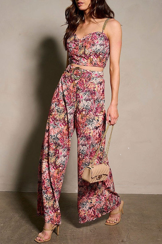 Sleeveless crop top & belted pants floral 2pc set (EFWT9498)