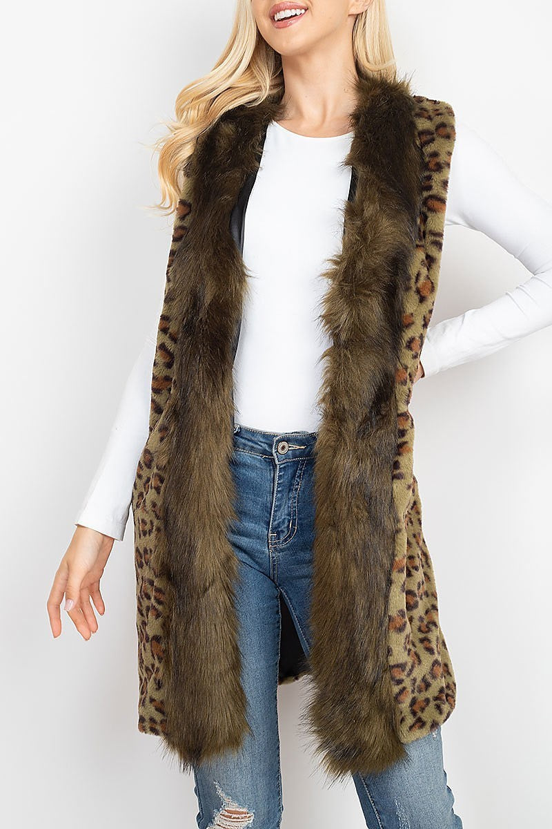 Leopard faux fur trim vest lined (DGS5306)