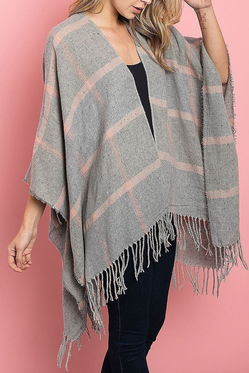 Fringe detail loose fit poncho sweater (DGS4915)