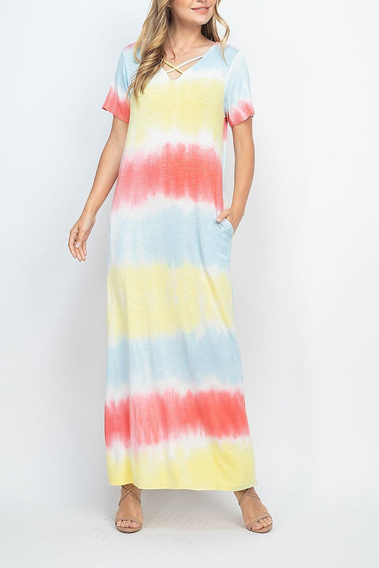 Tie dye crisscross neck maxi pocket dress (DED6709)