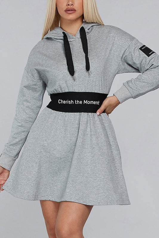 Long sleeve hoodie graphic flare mini dress (EDWT8123)