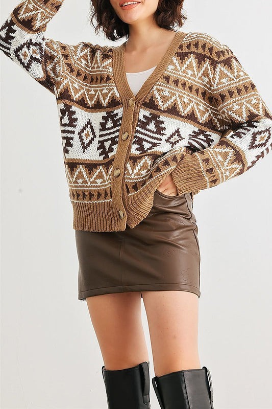 Fair isle knit vbutton up cardigan sweater (TED2035)