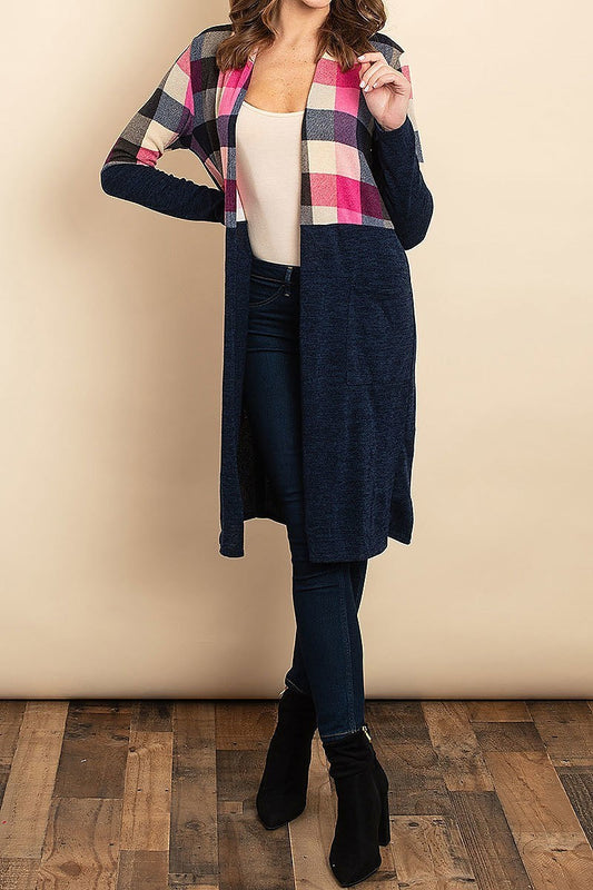 Checker color block pocket detail cardigan sweater (DGS4953-3)