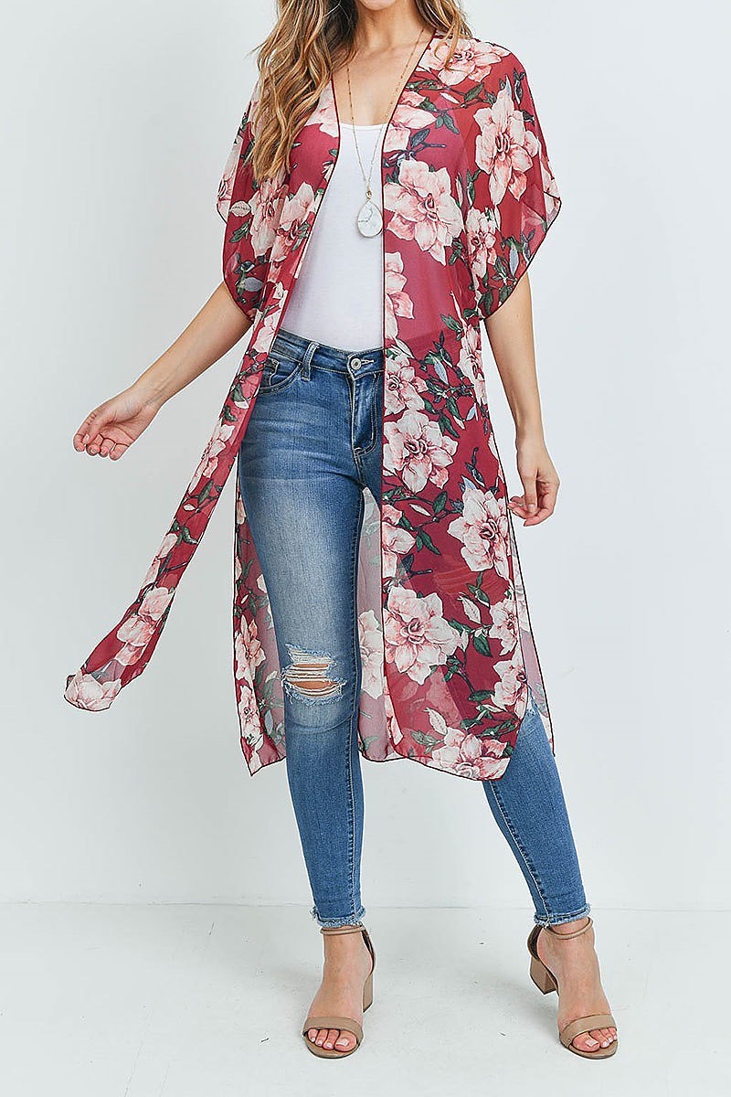 Short sleeve floral print slit hem kimono (ED8867-1)