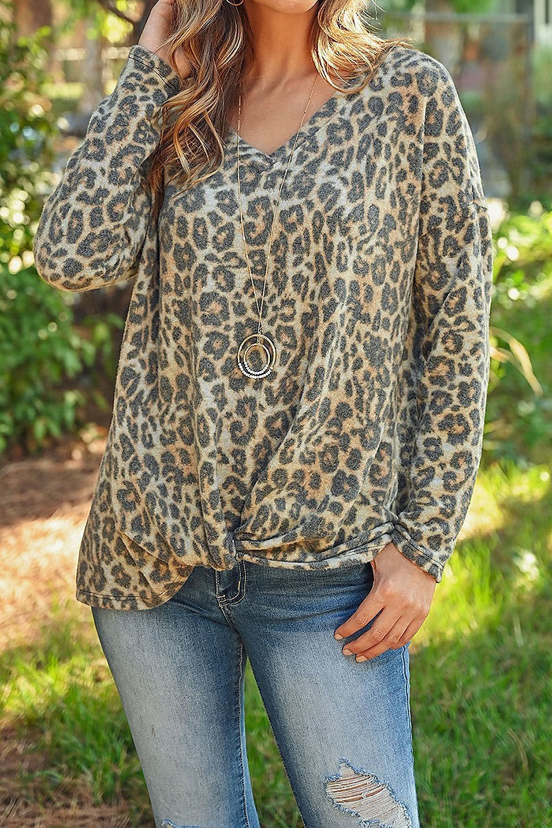 Brushed long sleeve v neck leopard knot top (ED8358-1)