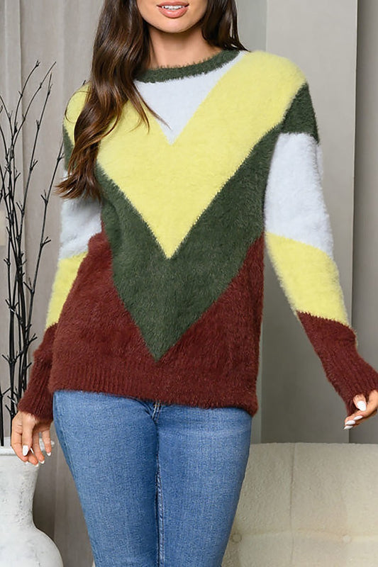 Long sleeve chevron fuzzy colorblock sweater (EDWT7323)