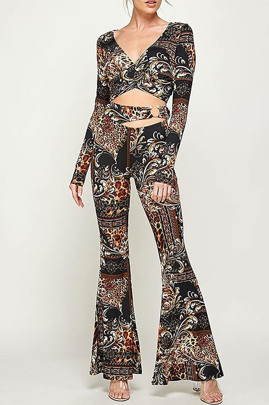 Paisley print wrap crop top and pants set (EF2900)