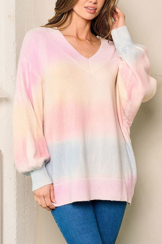 Long sleeves v-neck multi color stripes sweater (EFWT4102)