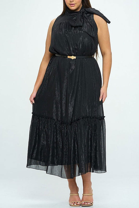 Sleeveless neck tie shimmer belted maxi dress (EGWT2178)