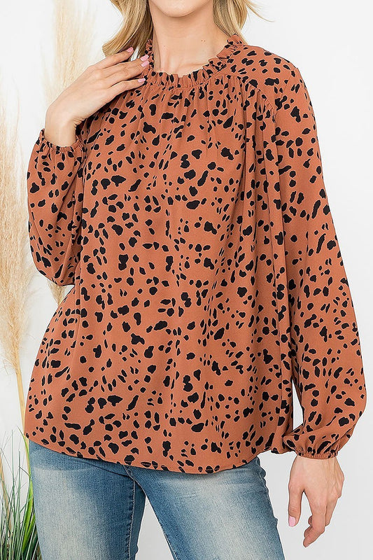 Puff sleeve merrow neckline animal print woven top (EF6828)