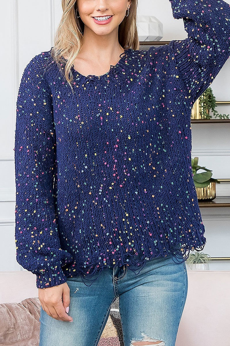 Multi color distressed v neck sweater (DGS5799)