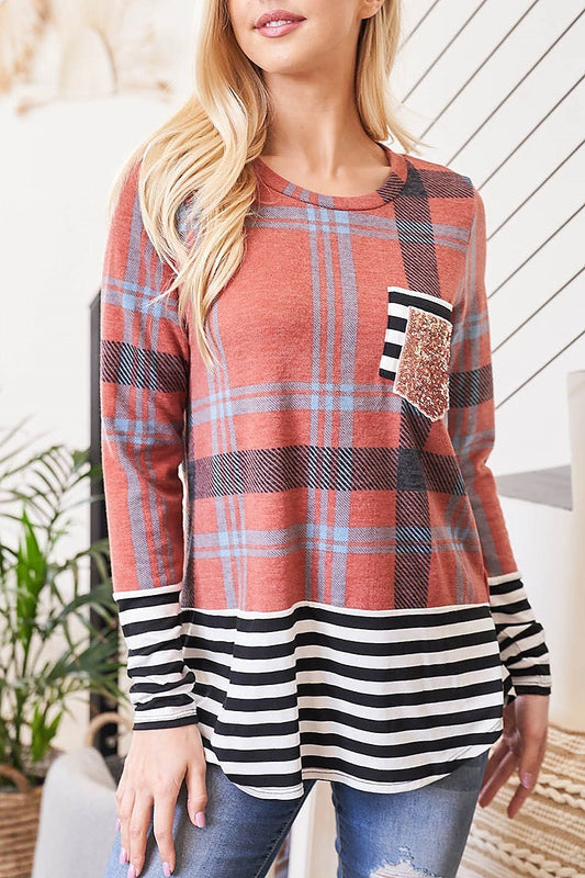 Plaid stripes contrast sequin stripes pocket top (EF2586)