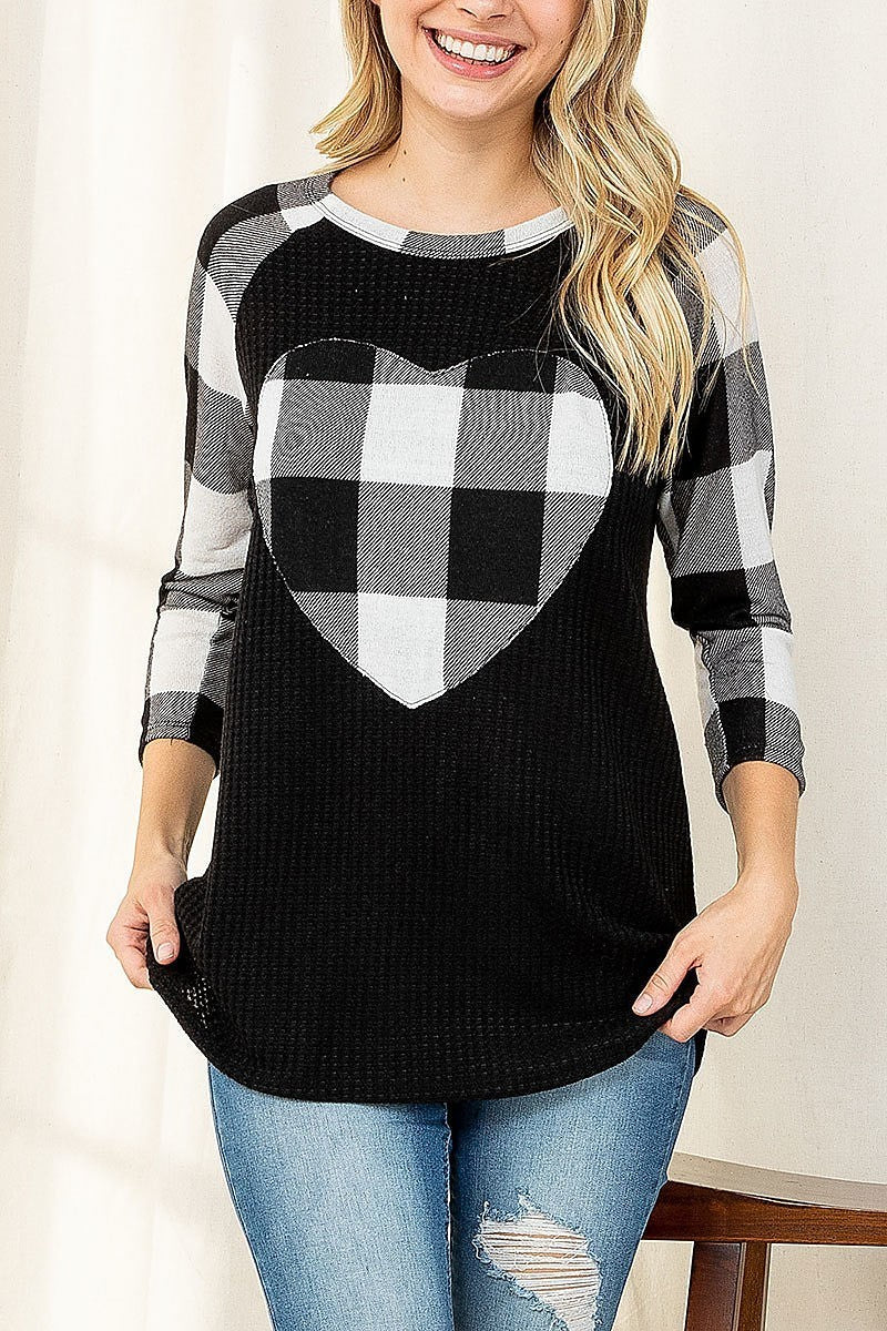 Plaid heart print quarter sleeve waffle top (EF2734)