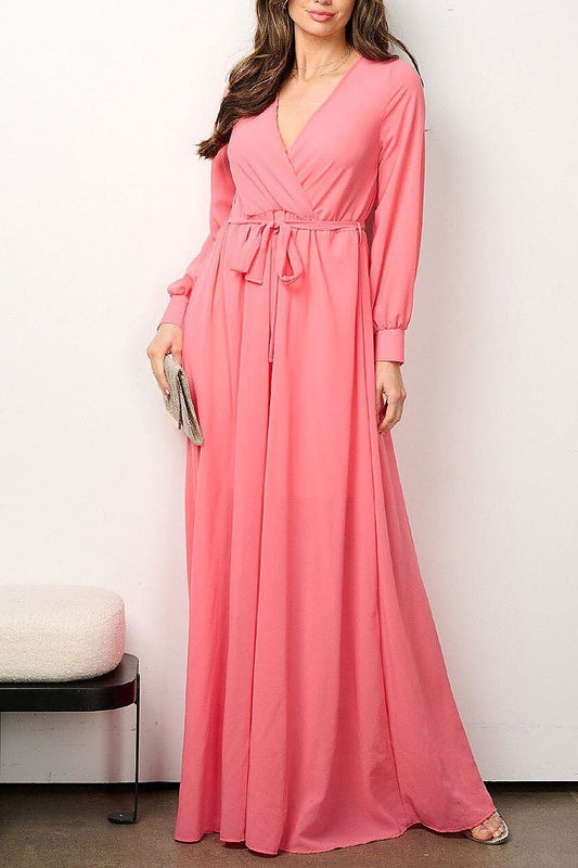 Long sleeve elastic waist surplice mesh maxi dress (EFWT6916)