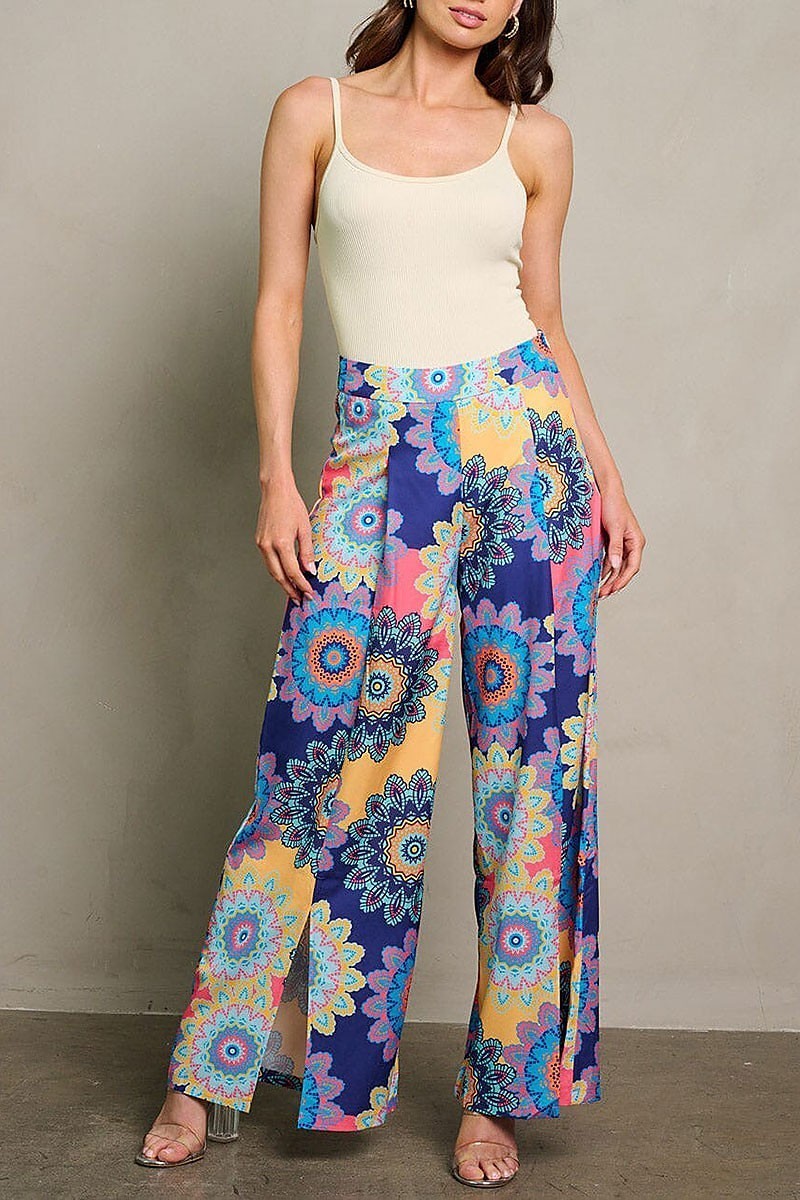 Zip up self tie palazzo multi print pants (EGWT1893)