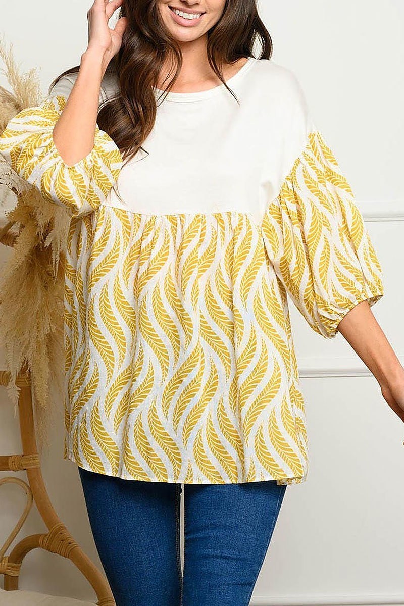 Quarter puff sleeve leaf print top (EDWT4140)