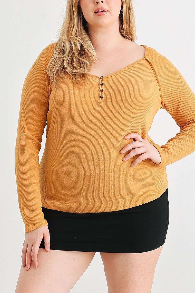 Ribbed button neck long sleeve top (TED2131)