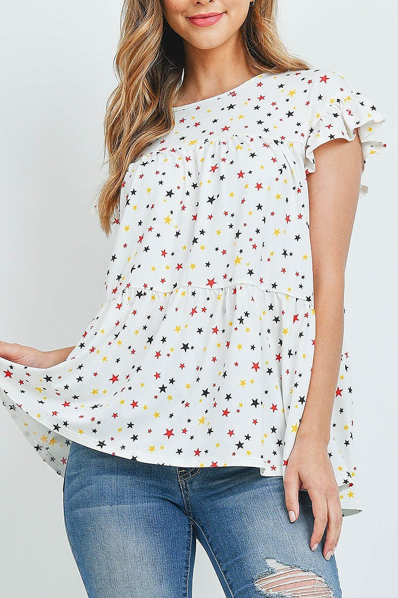 Multi color stars ruffle cap sleeve tiered top (EF1180)