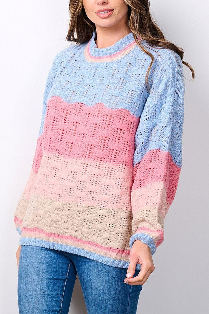 Long sleeve colorblock knit sweater (EFWT7495)