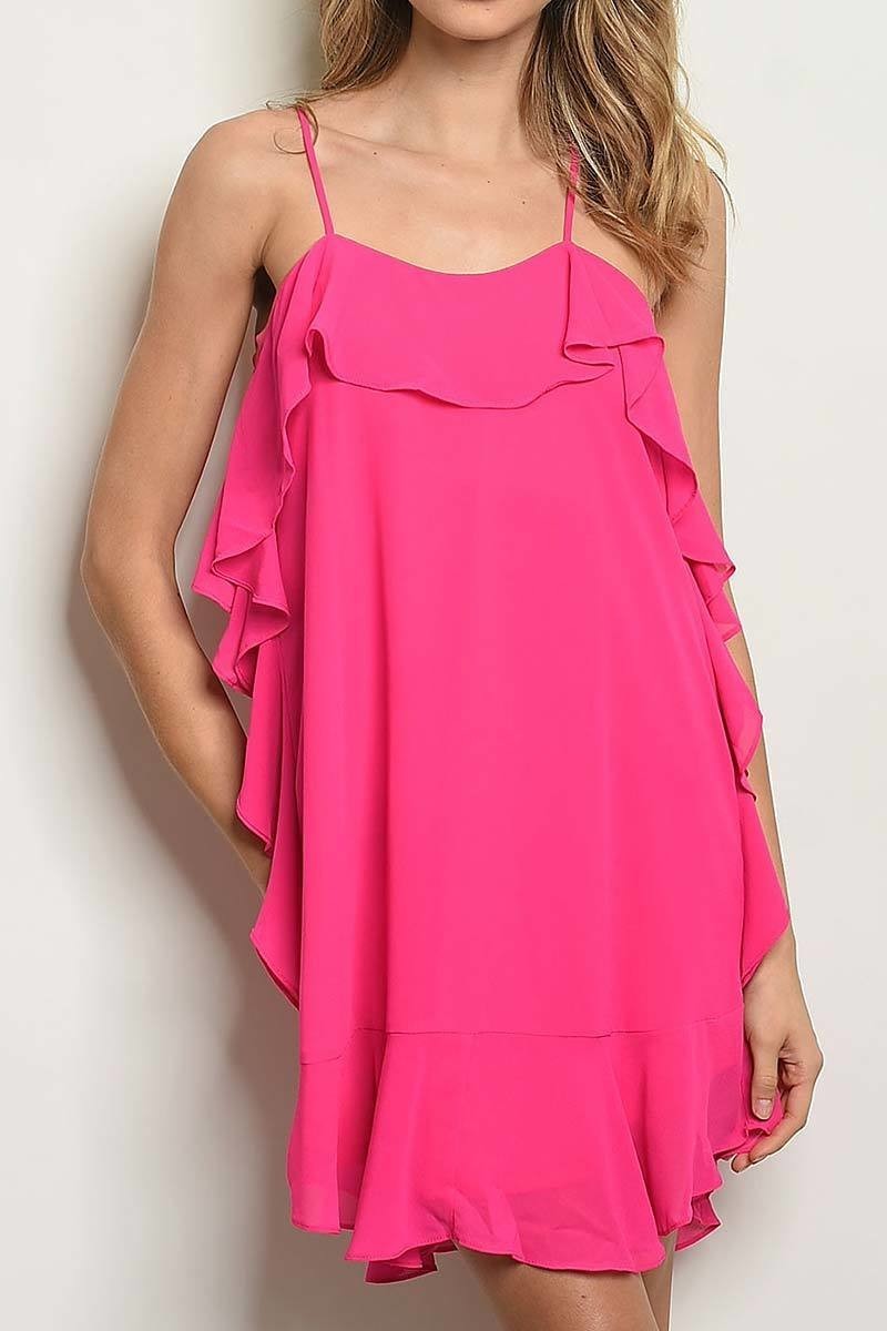 Spaghetti strap ruffle chiffon solid woven dress (DED1002-LAST)