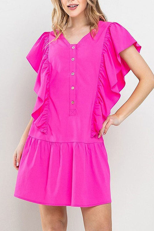 Short ruffle sleeve button up tunic mini dress (EFWT6230)