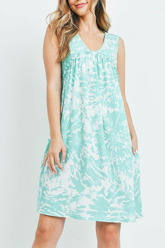 V neck ruffle detail rib tie dye pocket dress (DED6698)