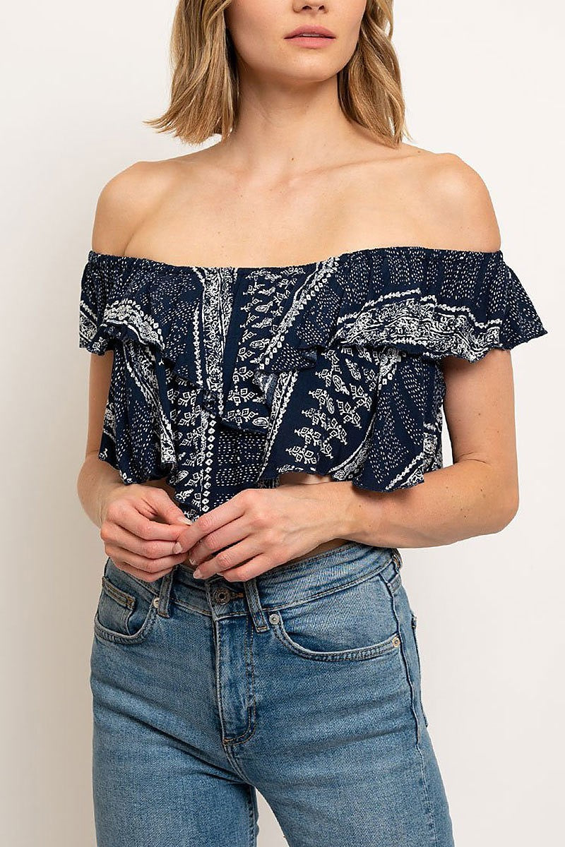 Off shoulder bandanna print crop top (EDWT2502)