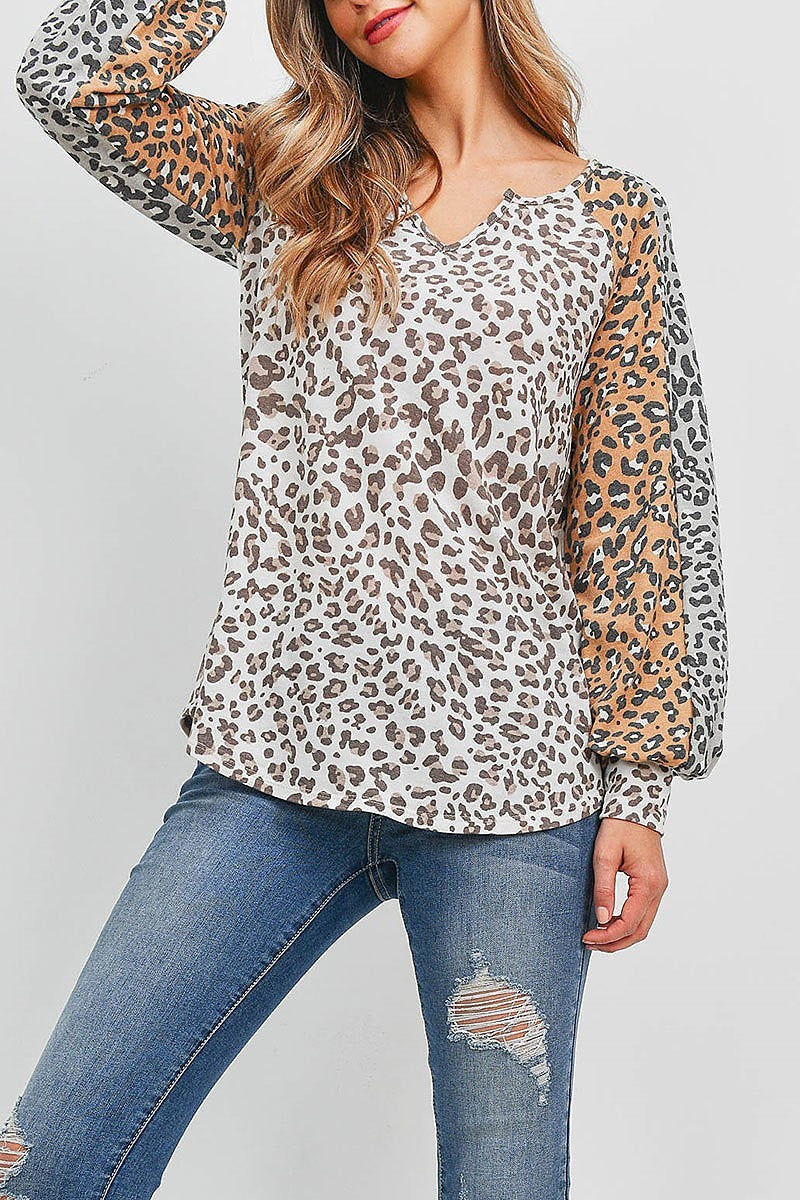 Knotch neck puff sleeve leopard top (EF2136)