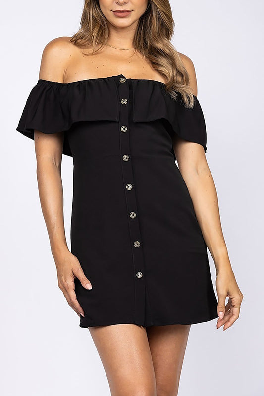 Off shoulder ruffle detail button front mini dress (EDSW1133)