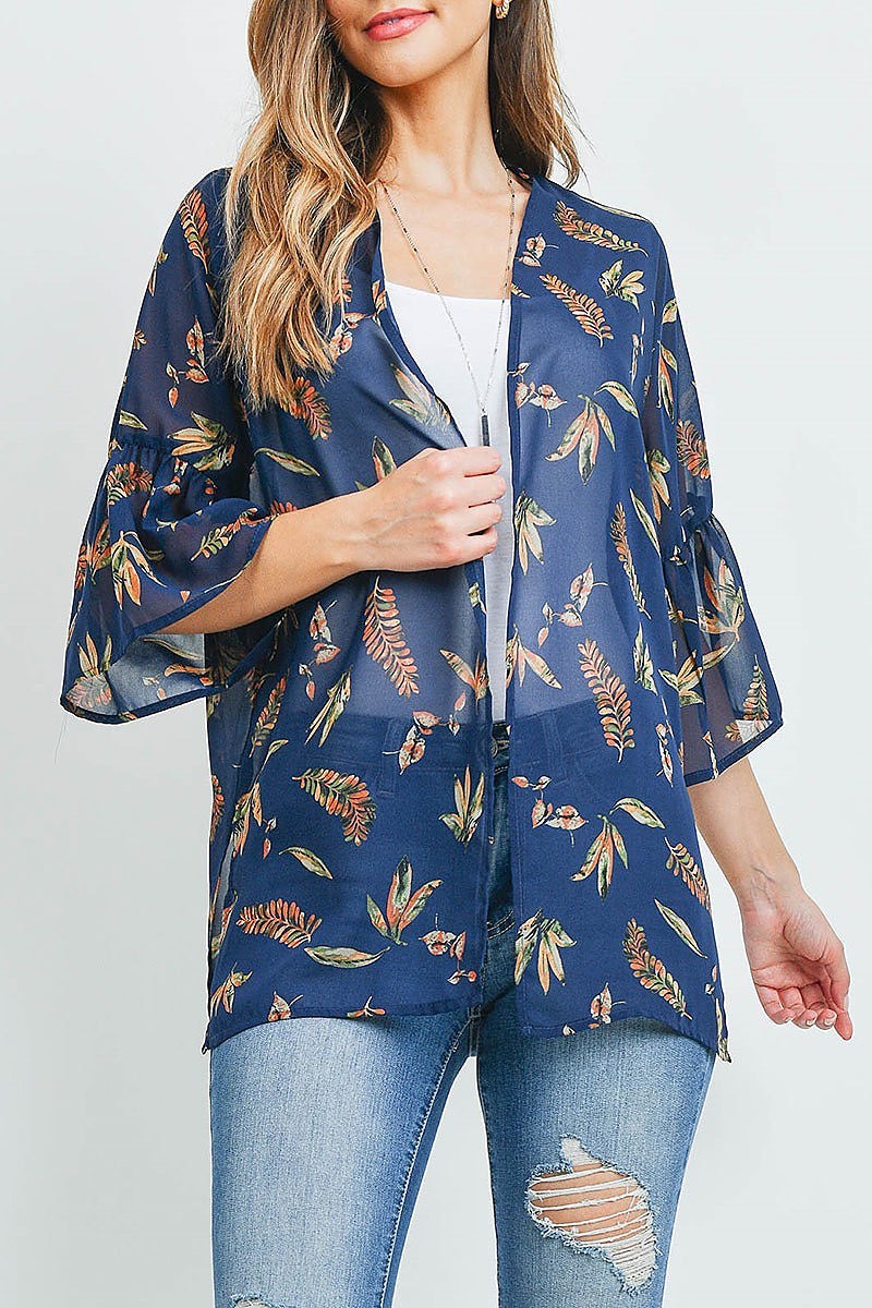 Leaf print sheer kimono top (ED9624)