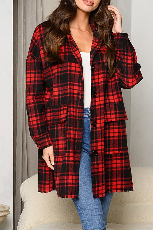 Long sleeve button up front pockets plaid coat (EDWT7991)