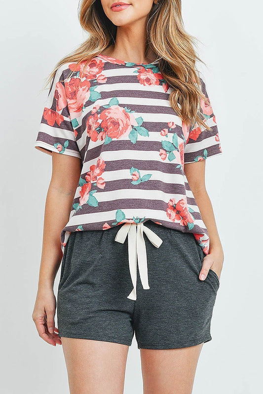 Floral stripes top and shorts set with self tie (ED9320)